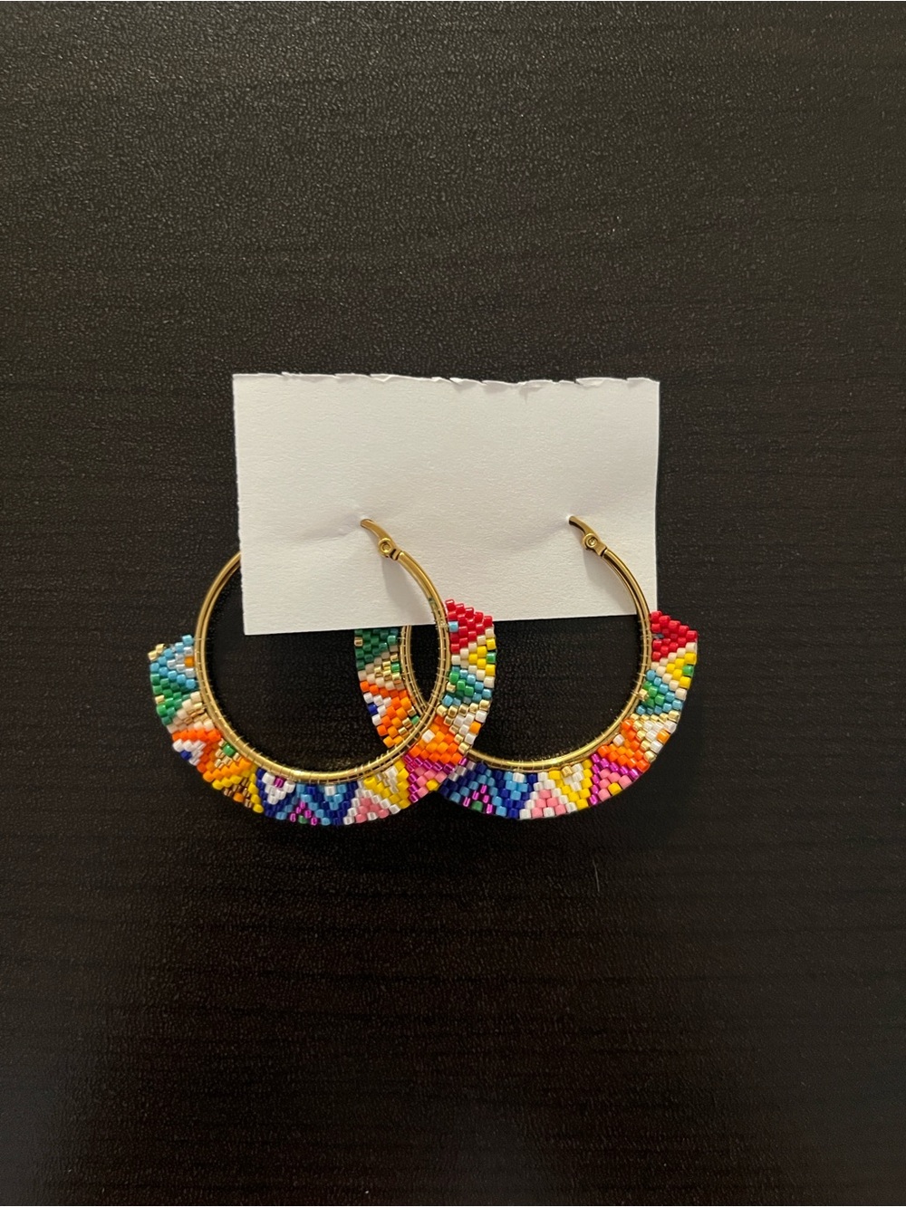 Multicolor Seed Bead Hoop Earrings - Gold Tone